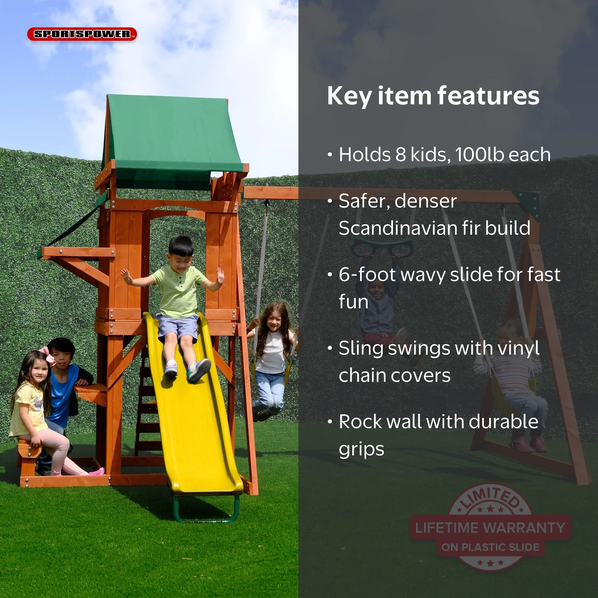Sportspower Roseville Wooden Swing Set with Play Fort, Bench with