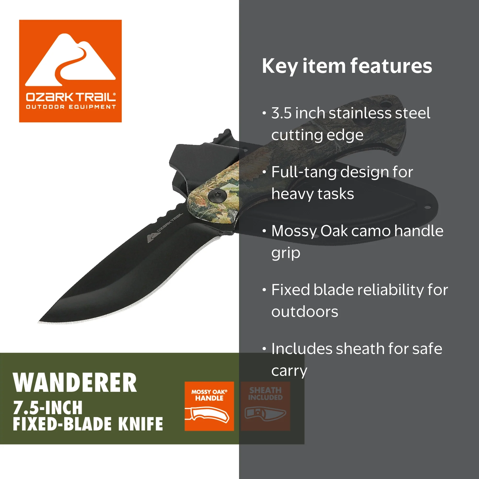 Ozark Trail Wanderer 7.5 inch Fixed Knife, Mossy Oak Handle