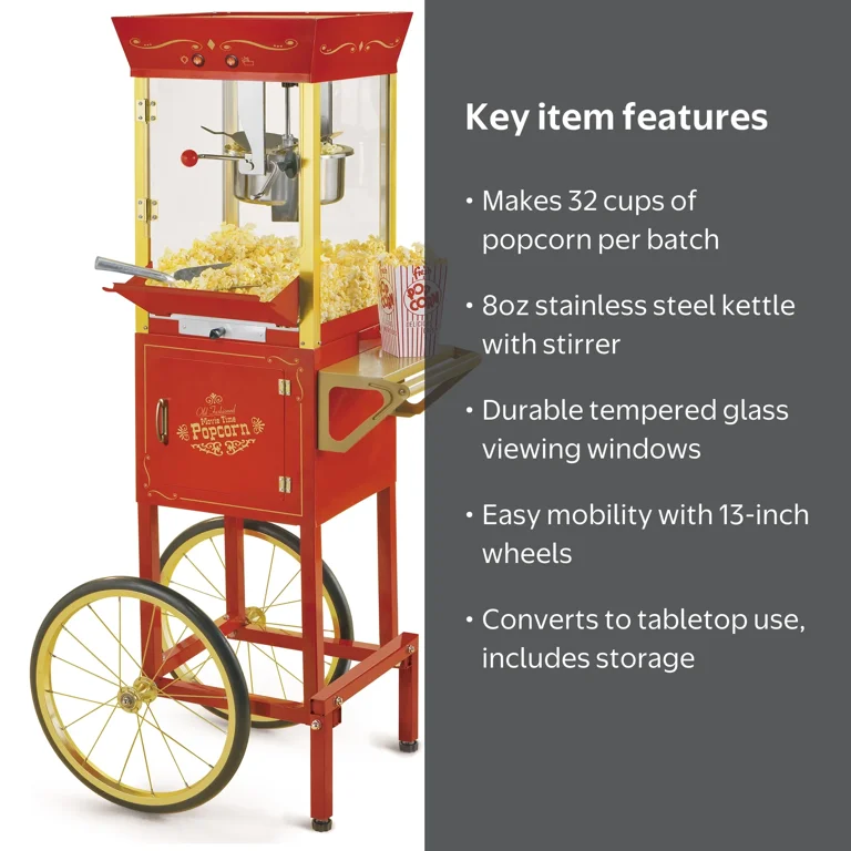 Nostalgia Popcorn Machine Cart, Stainless Steel Vintage Red