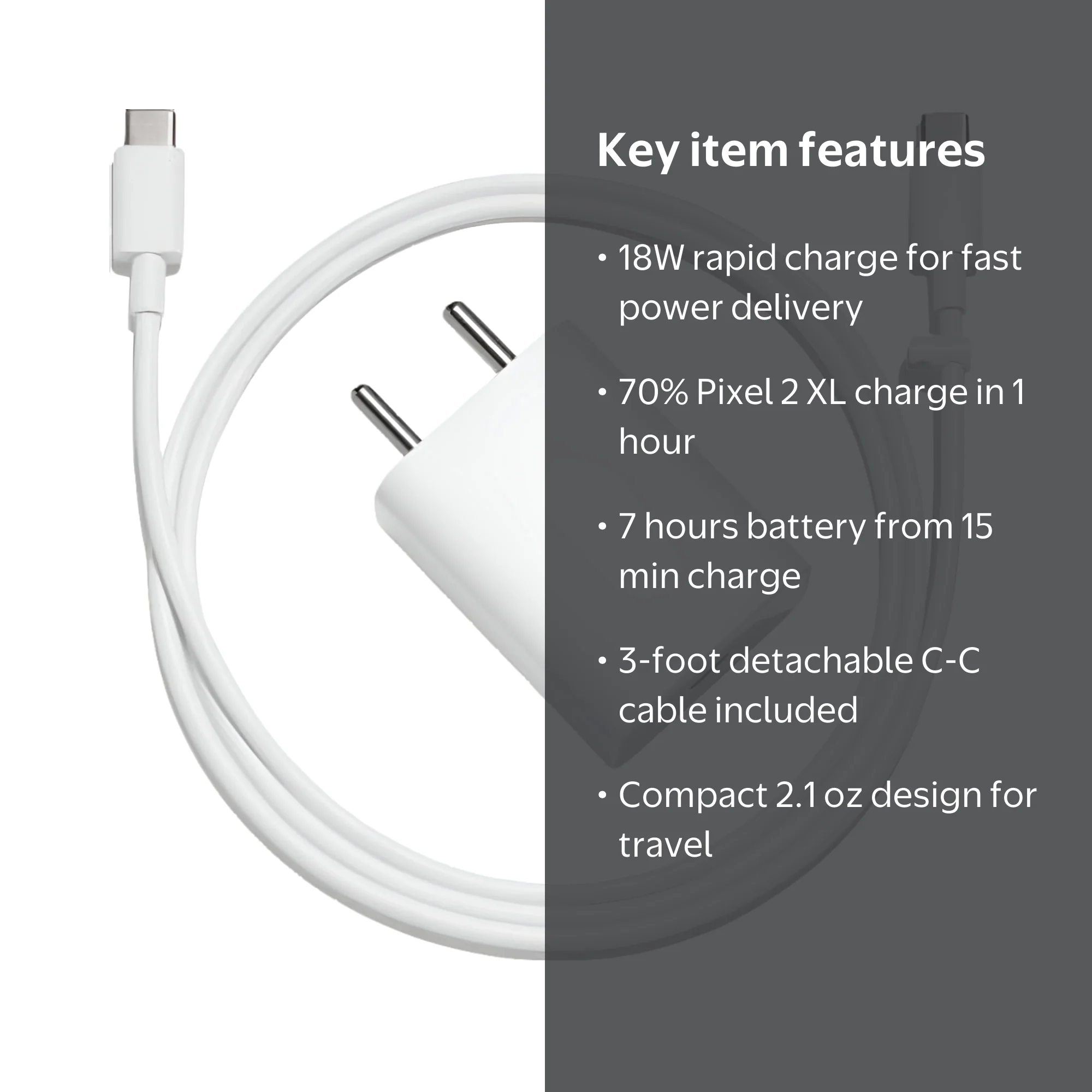 Google 18W 3A Rapid Type-C Charger, USB-C Adapter with 3-Foot