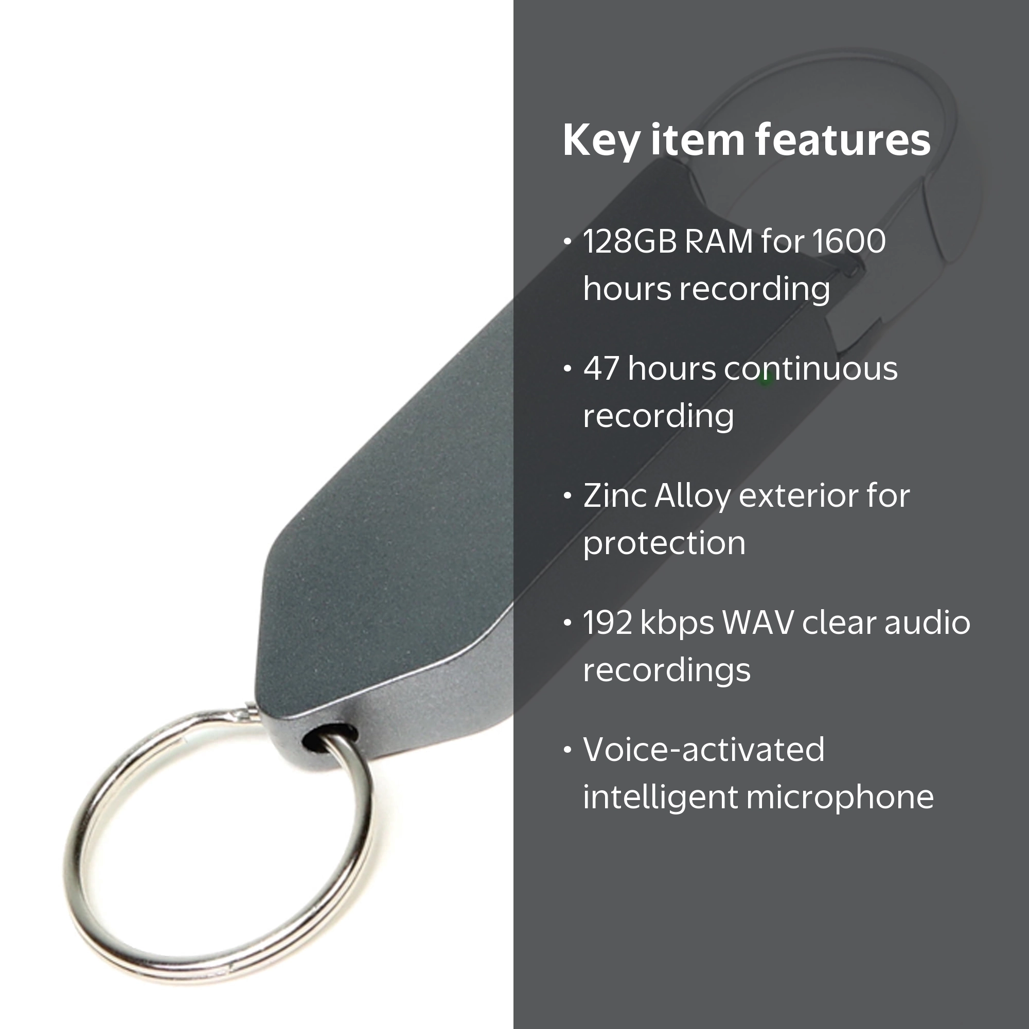 Knight 128GB Voice Activated Recorder, Clip-On Keychain, 1600 Hrs