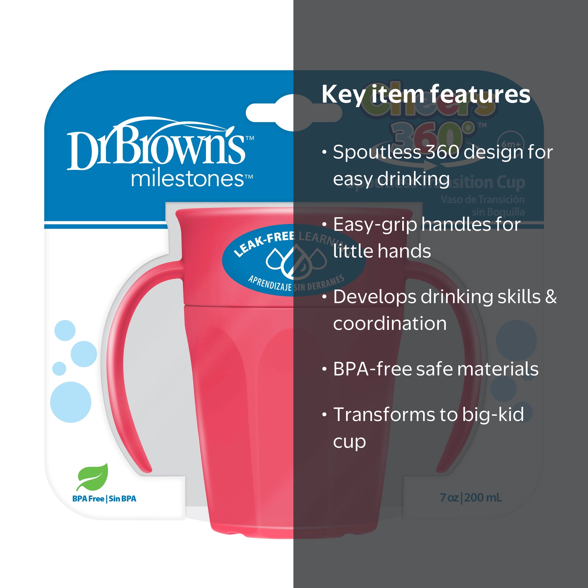 Dr. Brown's, Milestones Cheers 360 Cup, 7 oz/200 mL, Pink