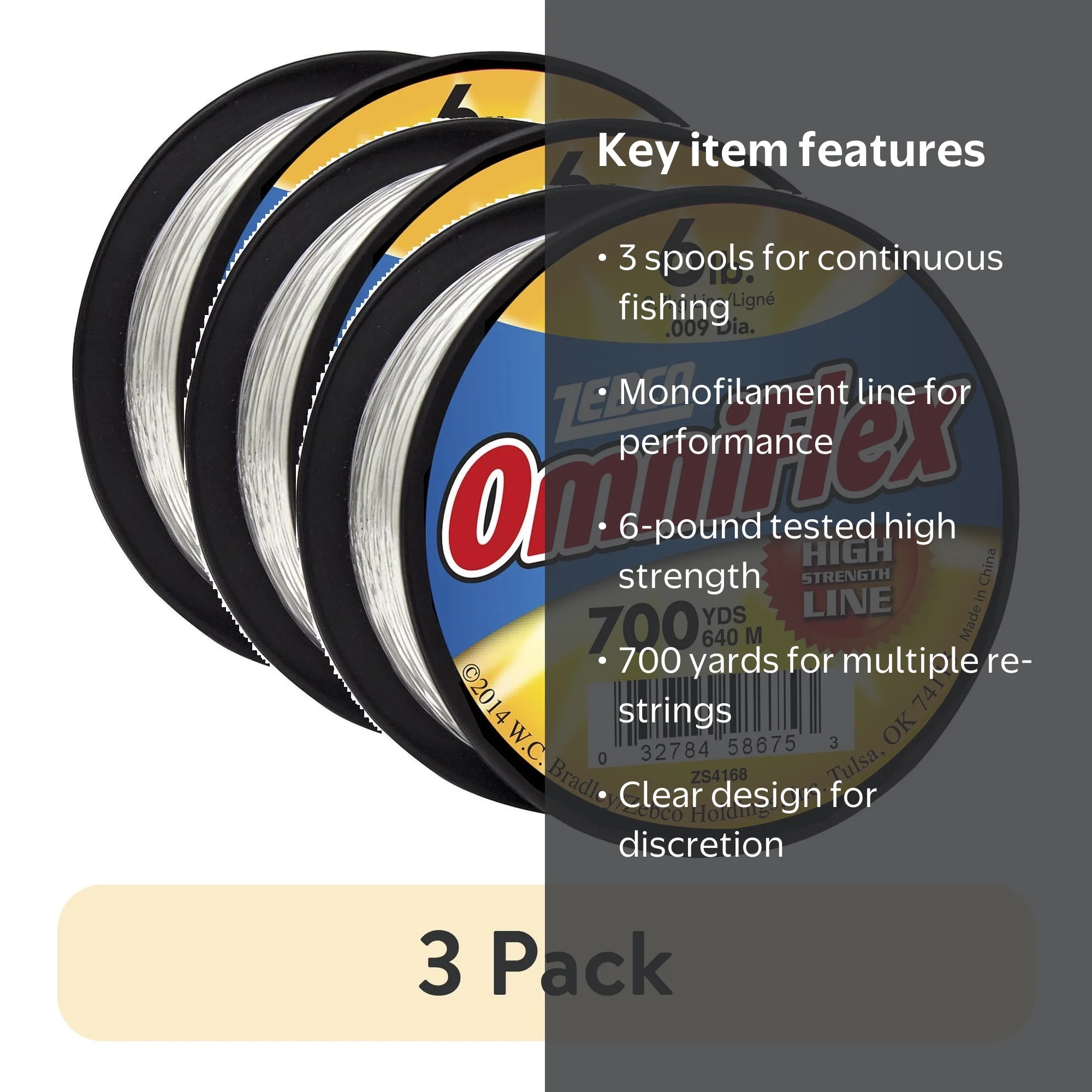 3 pack) Zebco Omniflex Monofilament Fishing Line, 6-Pound Tested