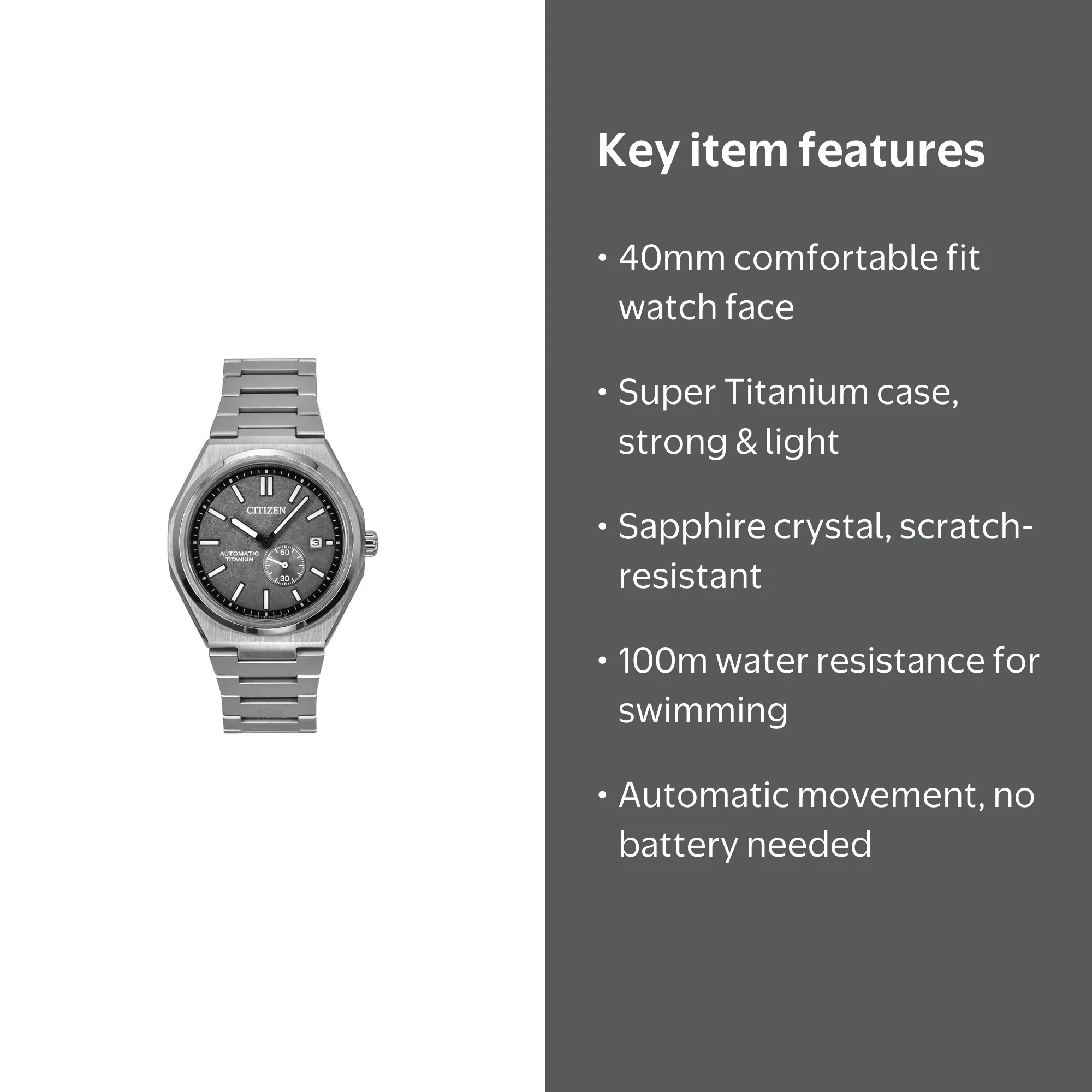 CITIZEN, Super Titanium Automatic Men's Watch NJ0180-80H, 40 mm
