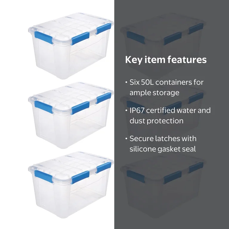 6 PACK - EZY STORAGE WATERPROOF 13.2Gal/52.8Qt/50L STORAGE BOX