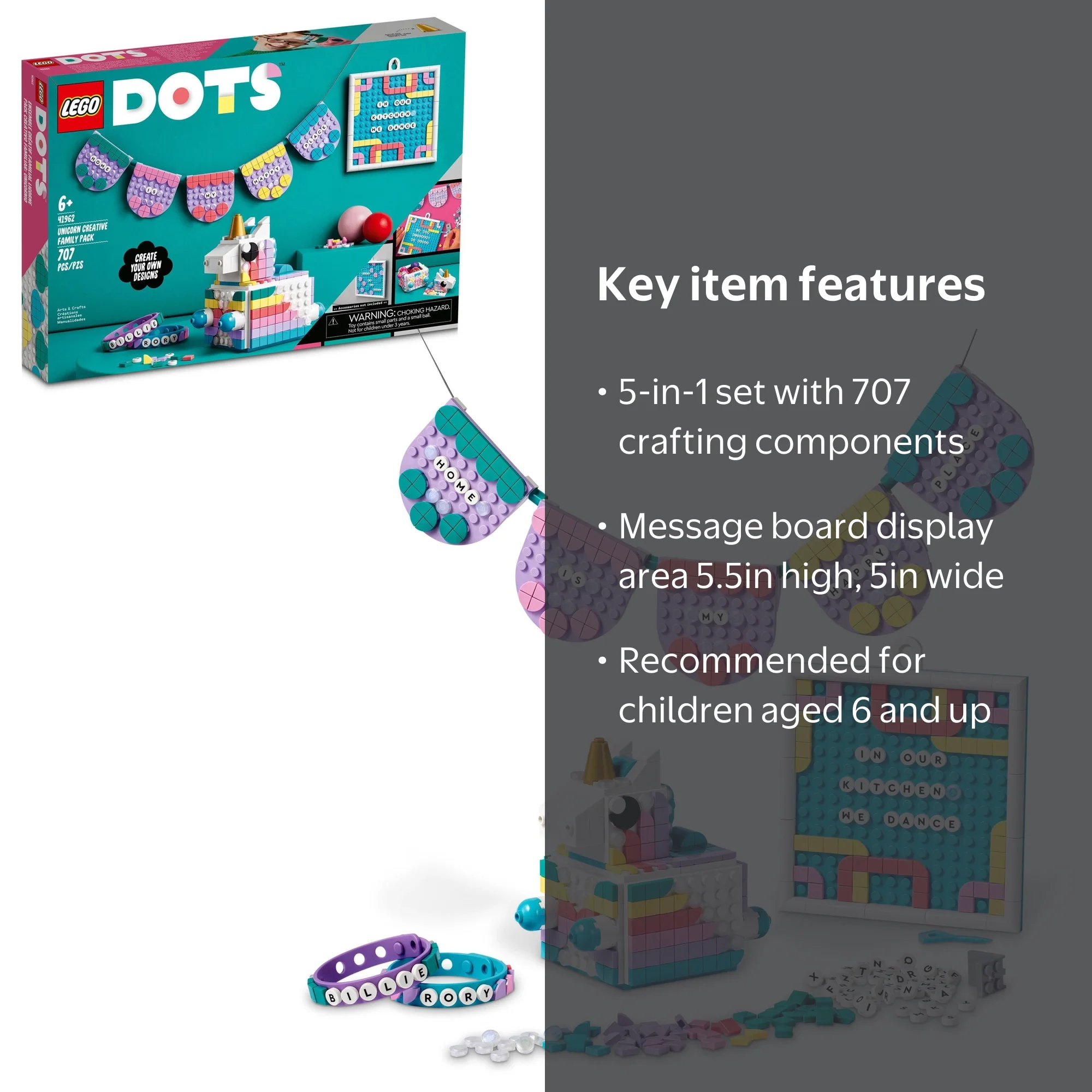 LEGO DOTS Unicorn Pack 41962, 5 in 1 Toy Crafts Set, Party Gift
