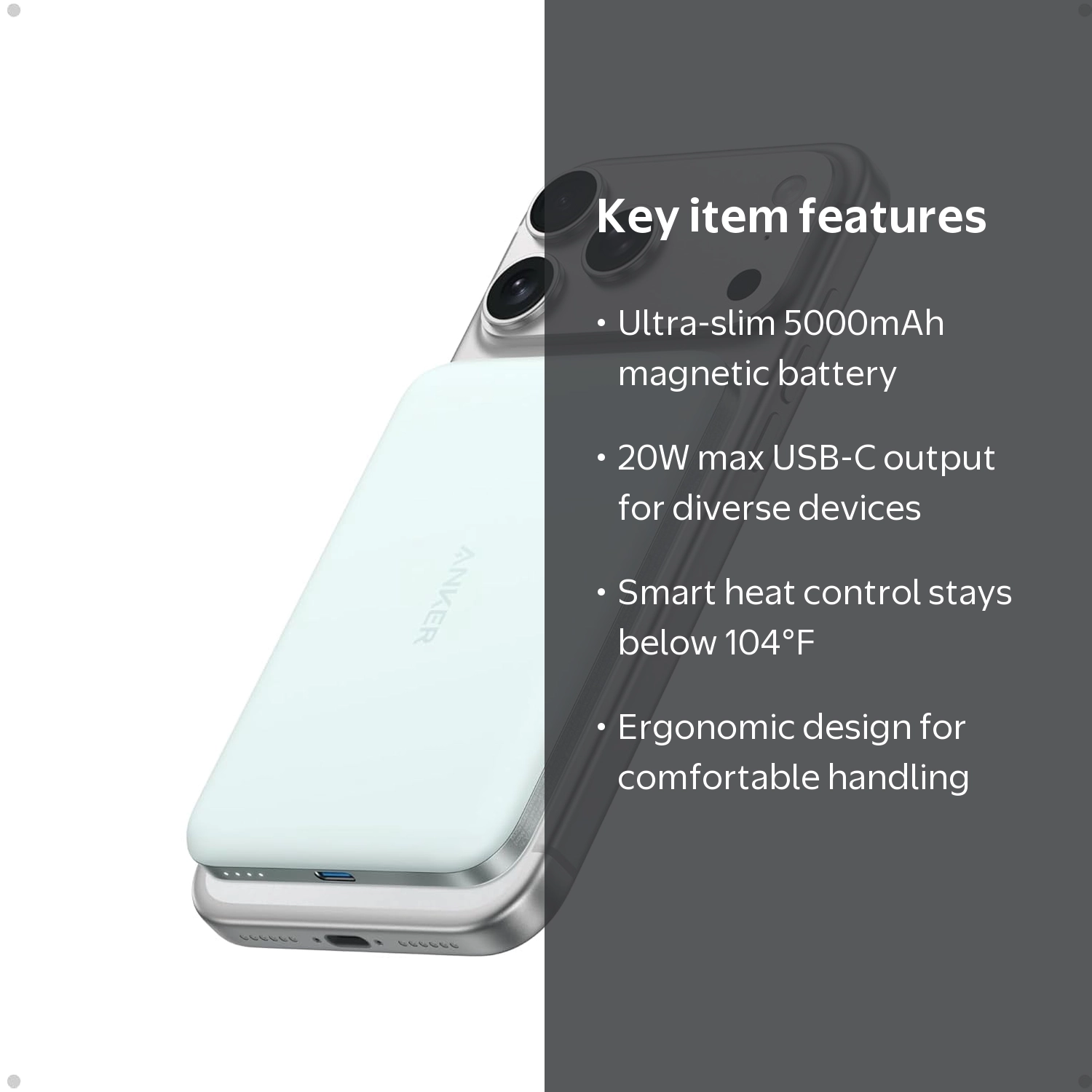 Anker, Power Bank, 5000mAh, Ultra-Slim Magnetic Wireless Charging