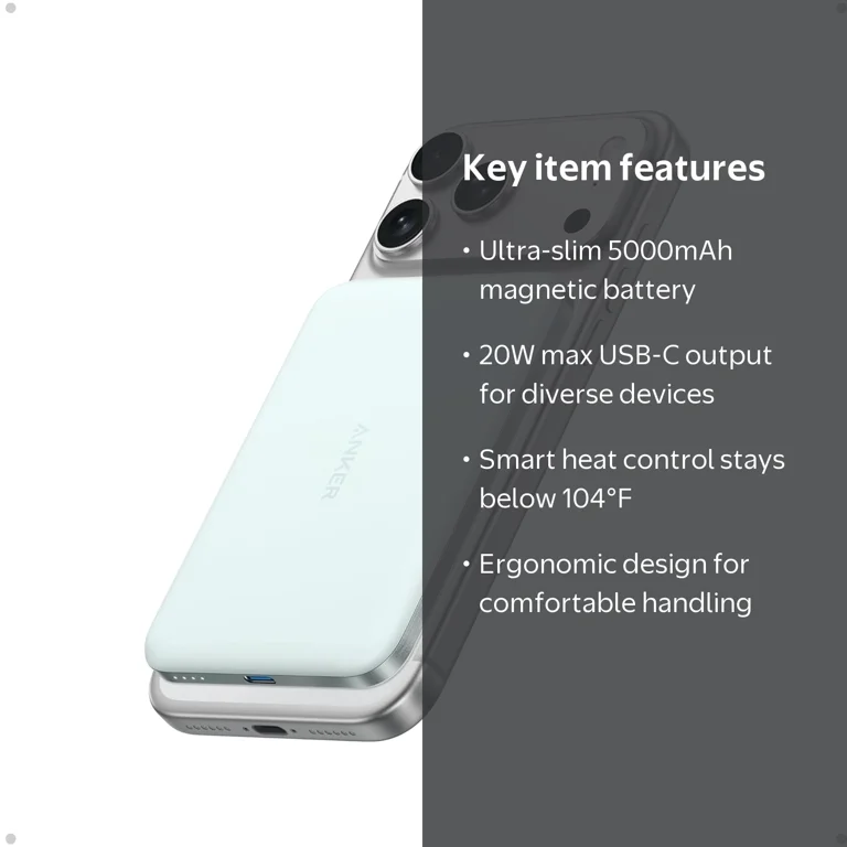 Anker, Power Bank, 5000mAh, Ultra-Slim Magnetic Wireless Charging