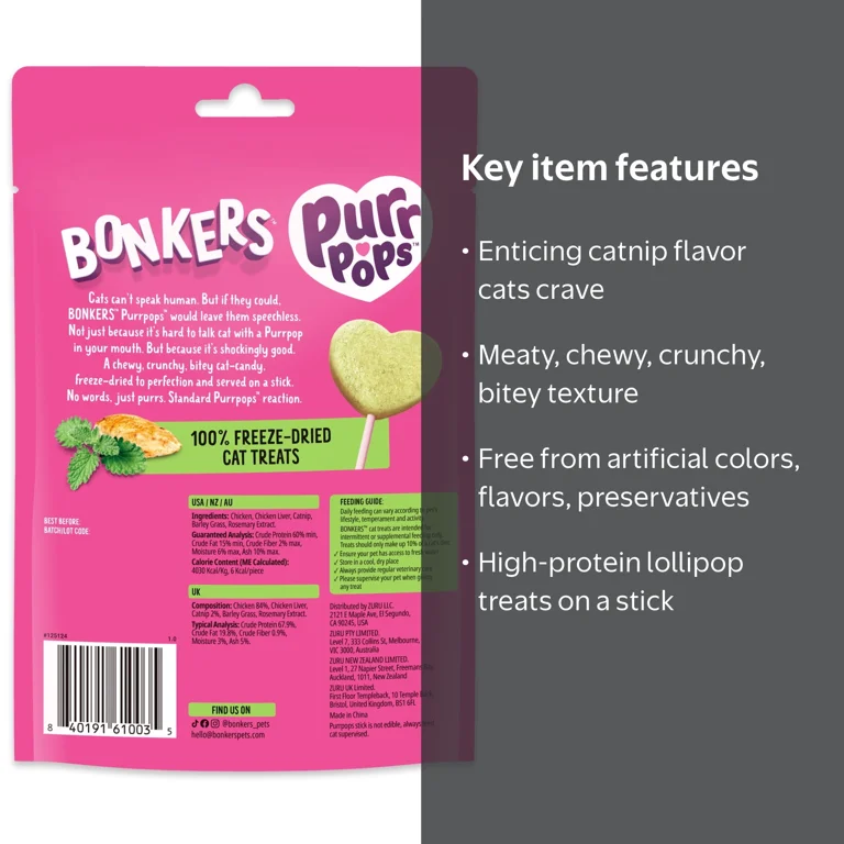BONKERS Purrpops Freeze-Dried Catnip Flavored Lollipop Treats for