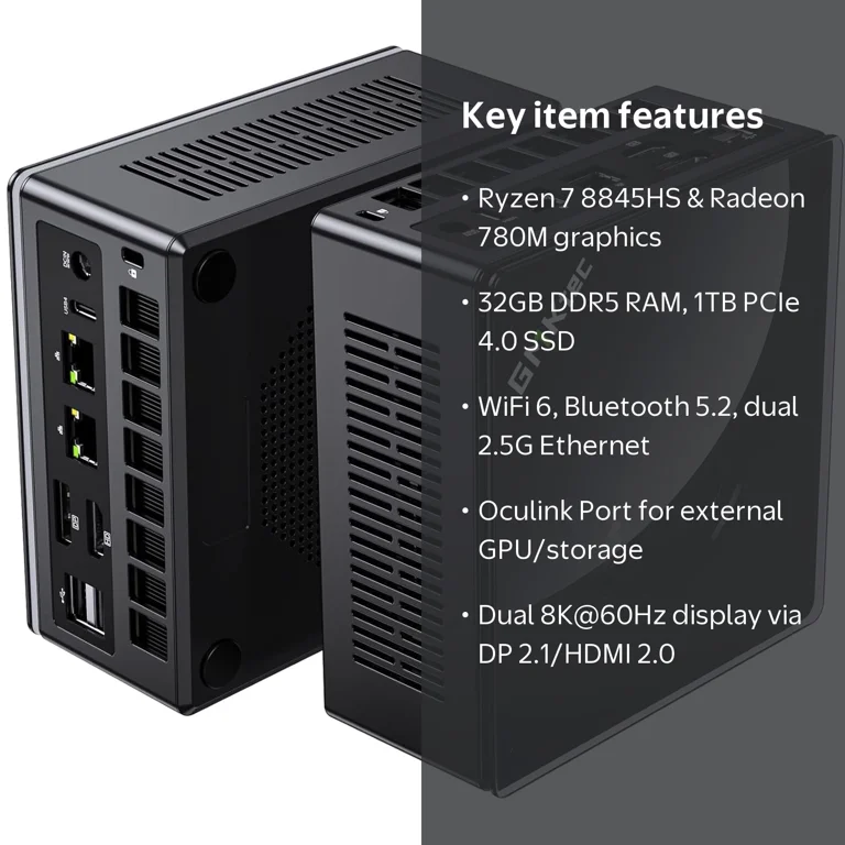 GMKtec, Mini Gaming PC, 1TB SSD, 32GB RAM, AMD Ryzen 7 8845HS GMKtec, Mini Gaming PC, 1TB SSD, 32GB RAM, AMD Ryzen 7 8845HS