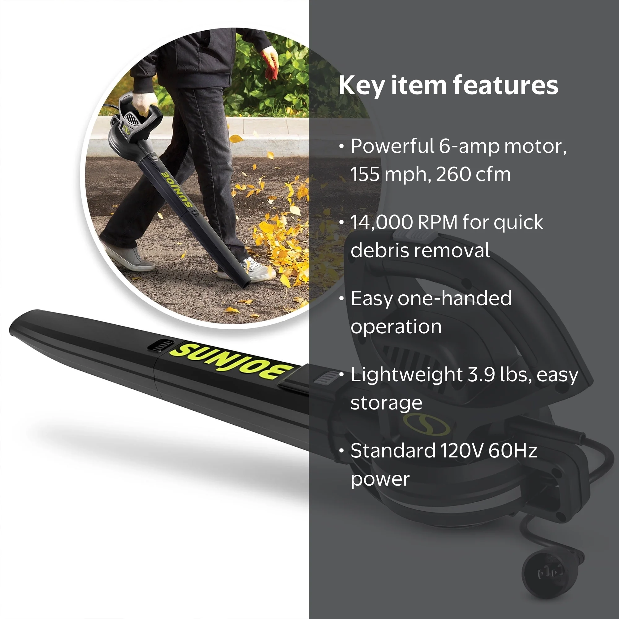 Sun Joe, Electric Leaf Blower, SBJ597E, 6 Amp 155 MPH Compact