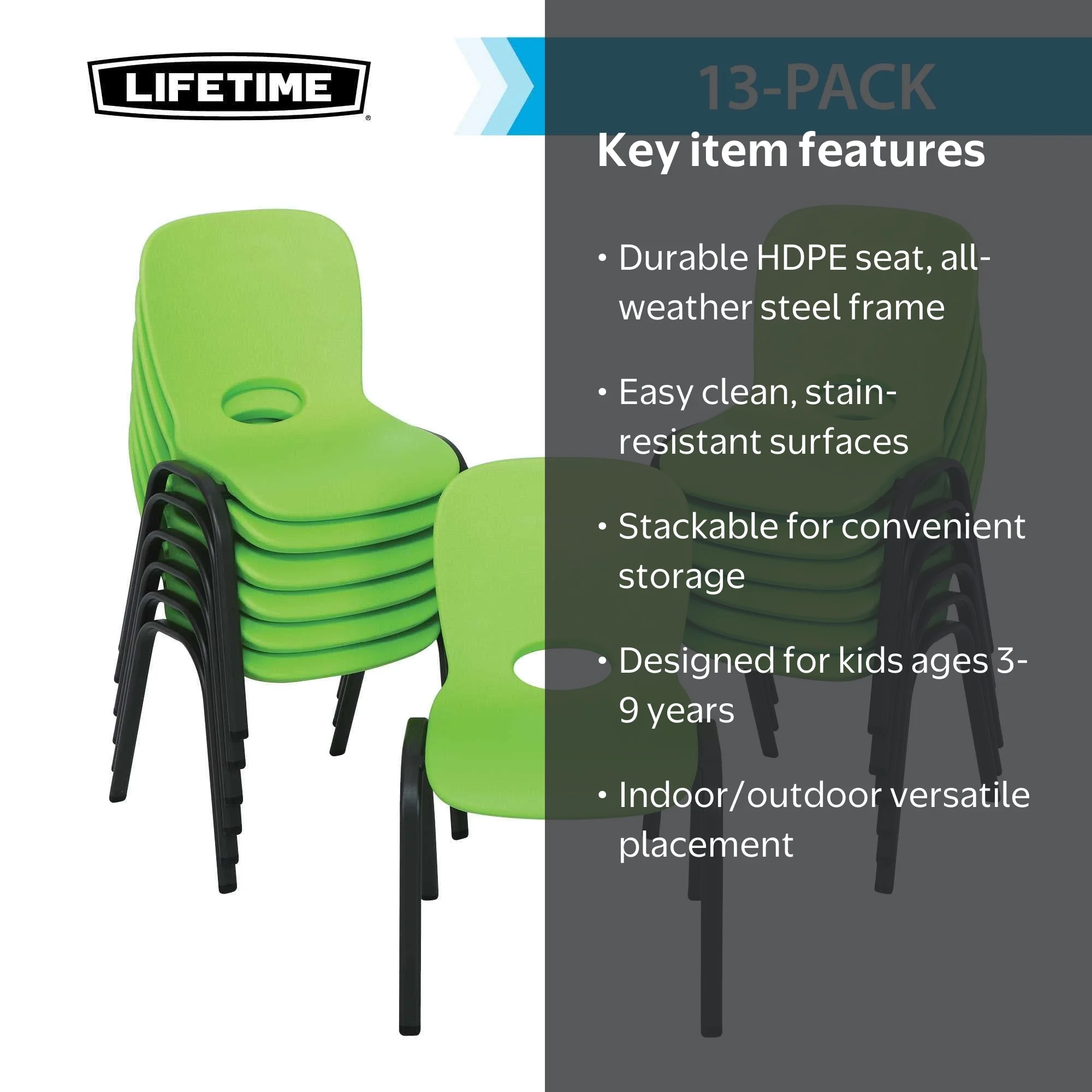 Lifetime Kids Steel Framed Indoor/Outdoor Stacking Chairs, Lime