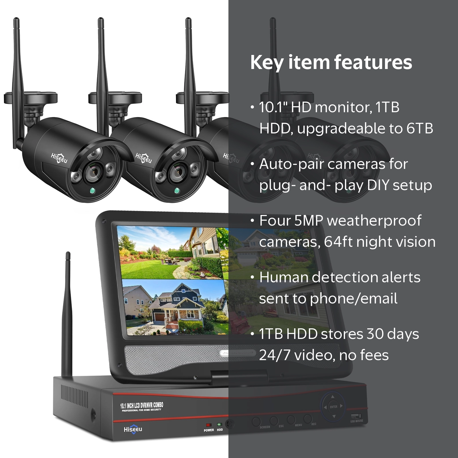 Hiseeu Security Camera System with 10.1'' Monitor, 1TB Hard Drive