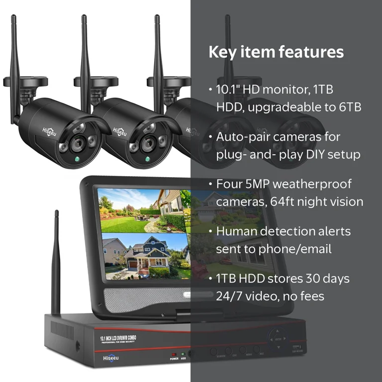 Hiseeu Security Camera System with 10.1'' Monitor, 1TB Hard Drive