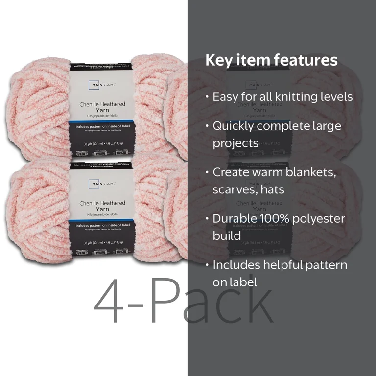Mainstays Heathered Chenille Yarn, 33 yd, Daylily Pink, 100