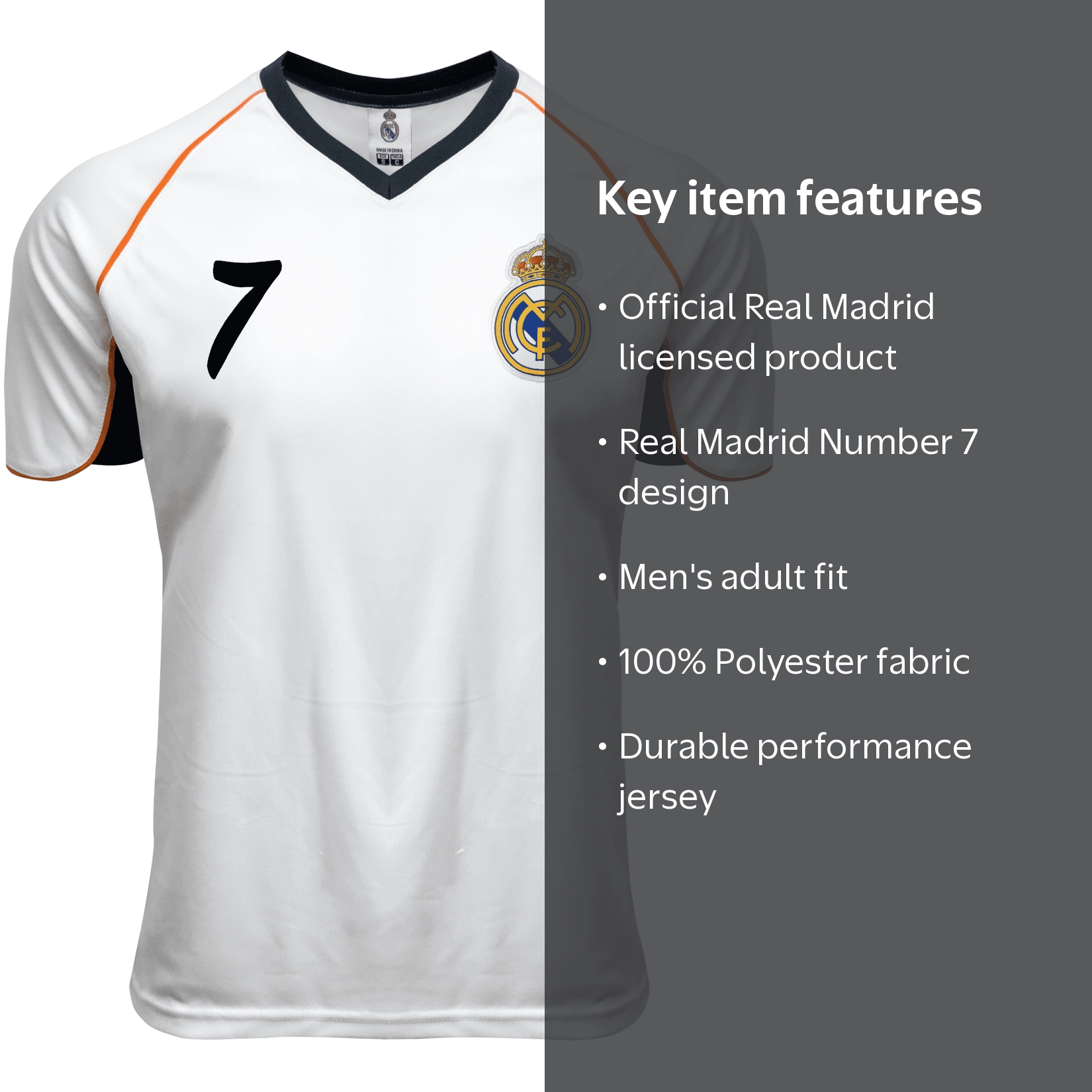 Men's Real Madrid Number 7 Performance Jersey, Licensed R. Madrid