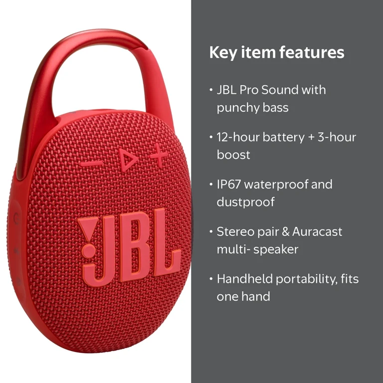 JBL, Waterproof Portable Speaker, Red, 3.4 x 5.3 x 1.8 inches