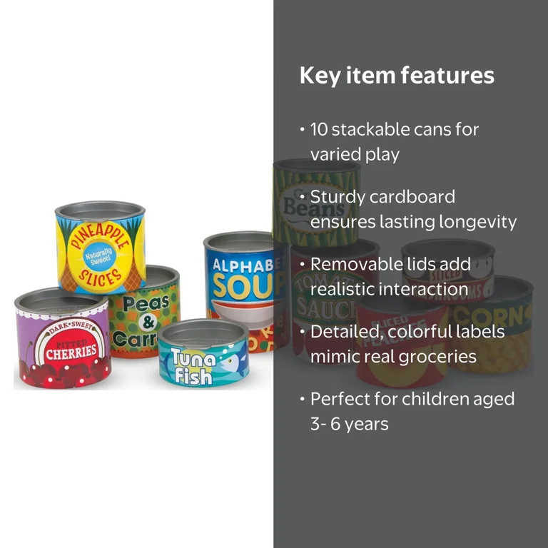 Melissa & Doug Grocery Cans Play Food Set - 10 Stackable Cardboard