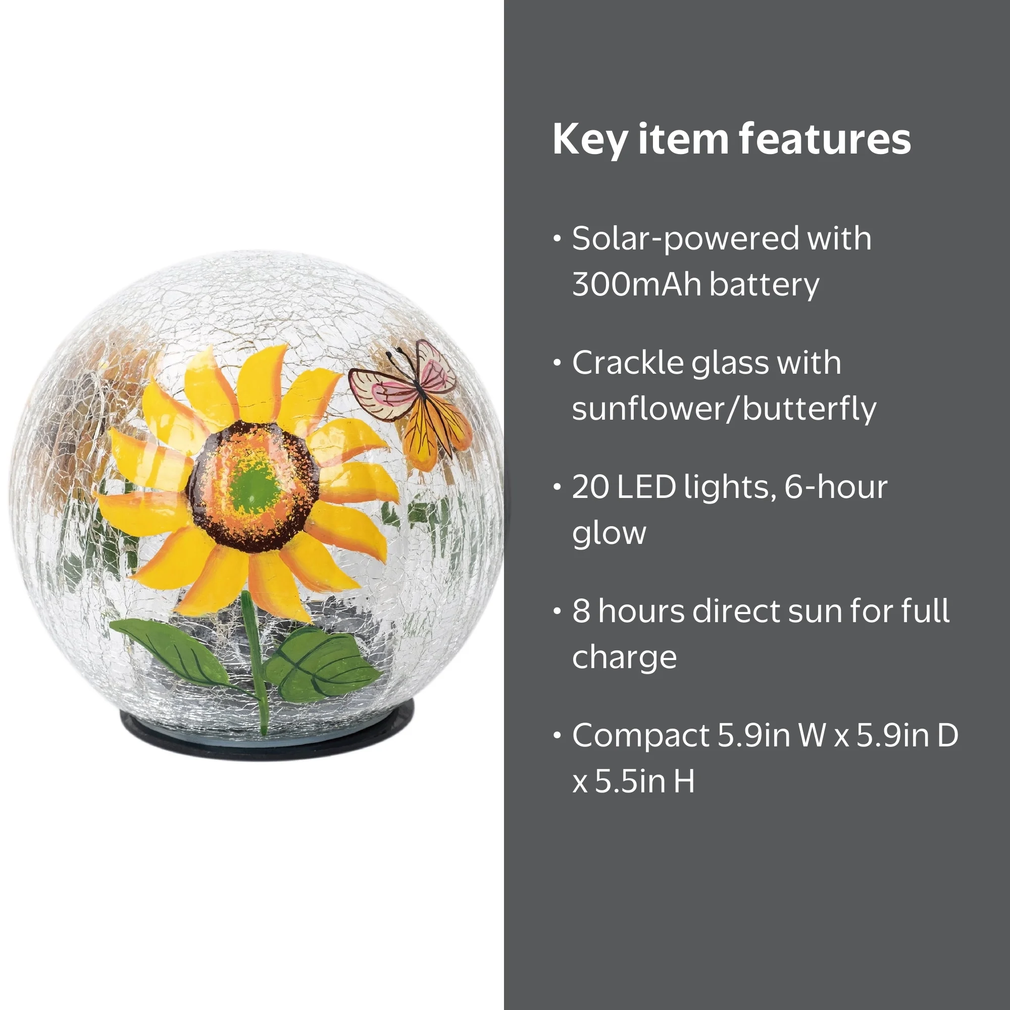 Mainstays 6 Inch Solar Sunflower Crackle Glass Ball Decor, Outdoor