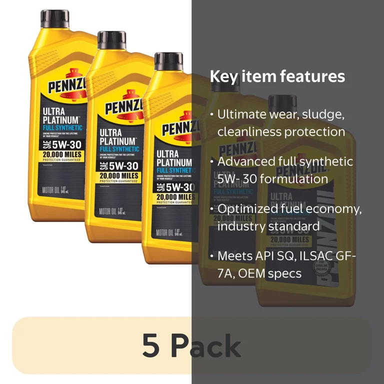 5 pack) Pennzoil Ultra Platinum Full Synthetic 5W-30 Motor Oil, 1