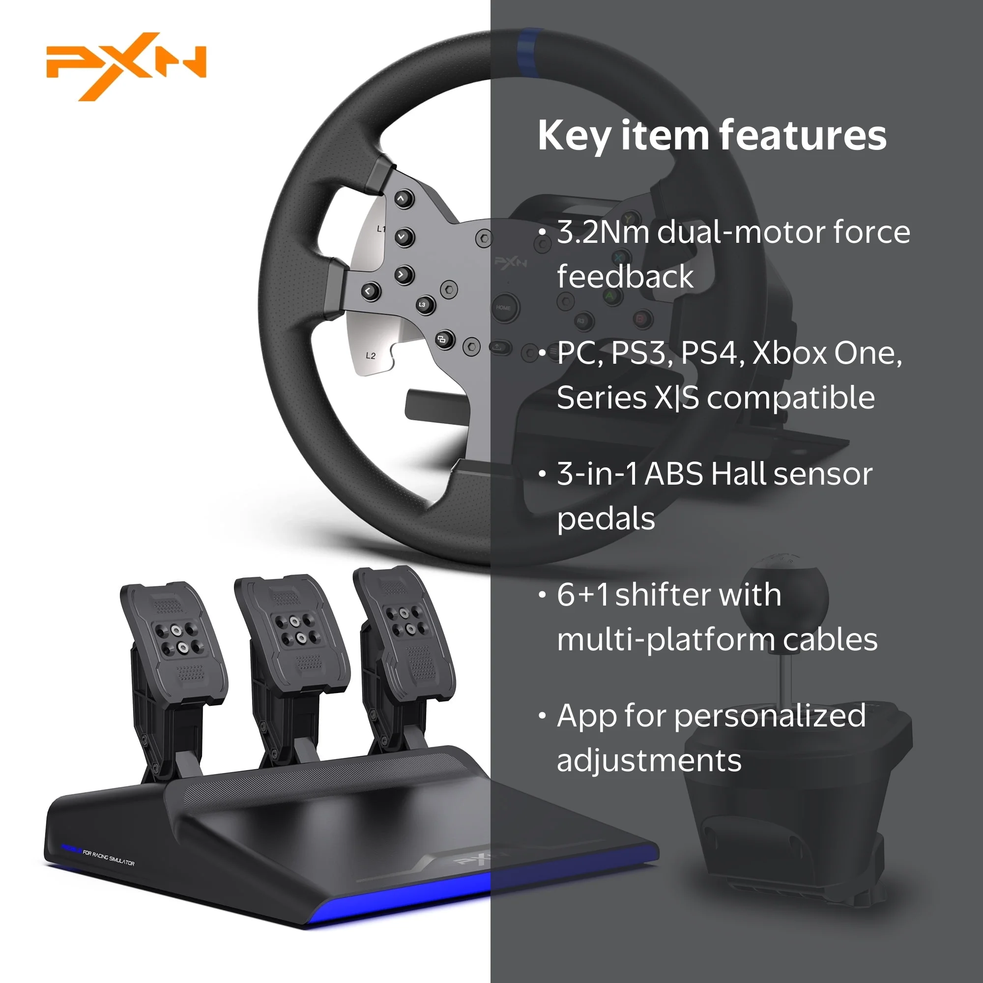 PXN V99 Gaming Steering Wheel, Force Feedback, Dual-Motor, Pedals