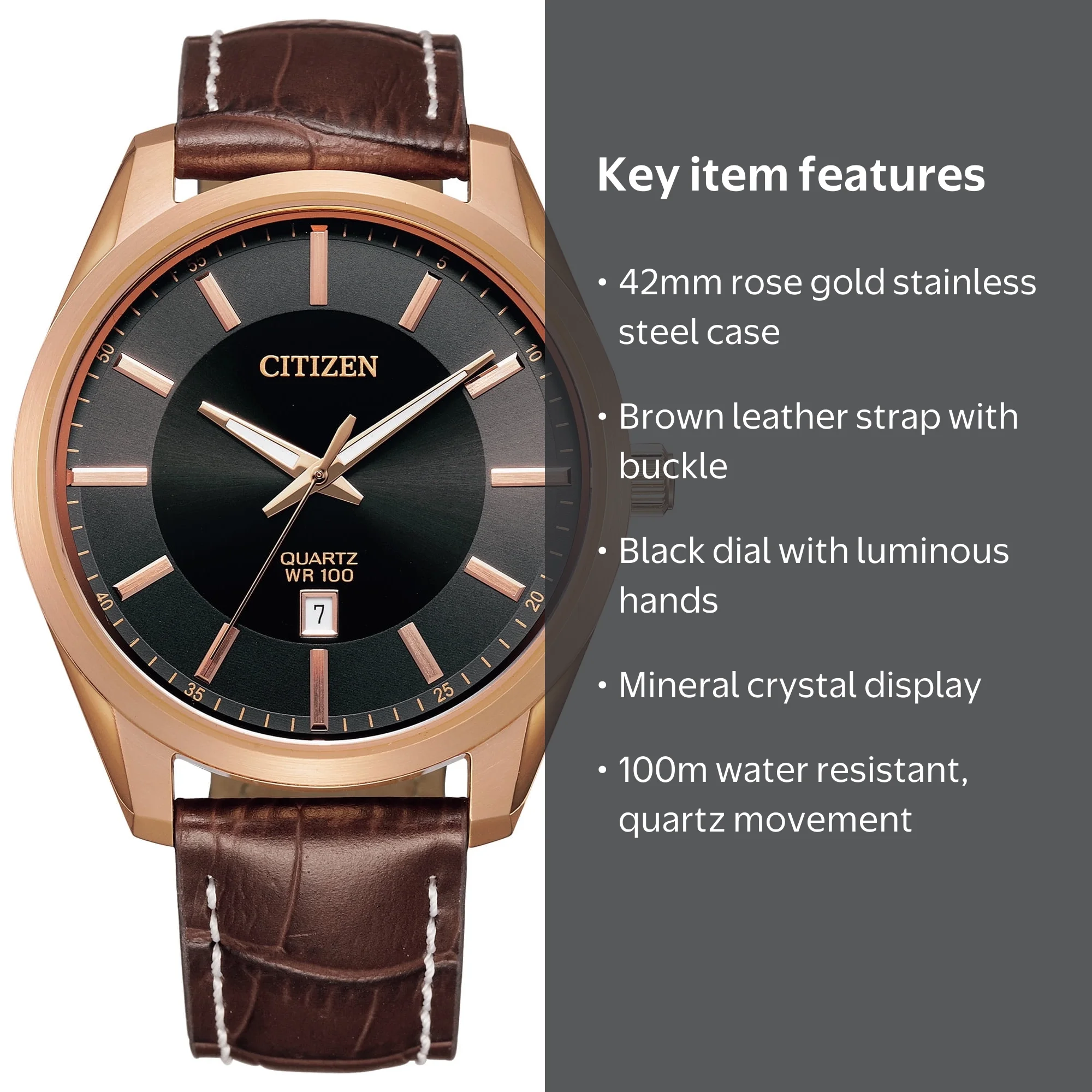 Citizen Men's Quartz Brown Leather Strap Watch with Rose Gold-Tone