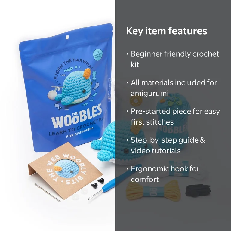 The Woobles, Beginner Crochet Kit, Narwhal the Whale, Amigurumi