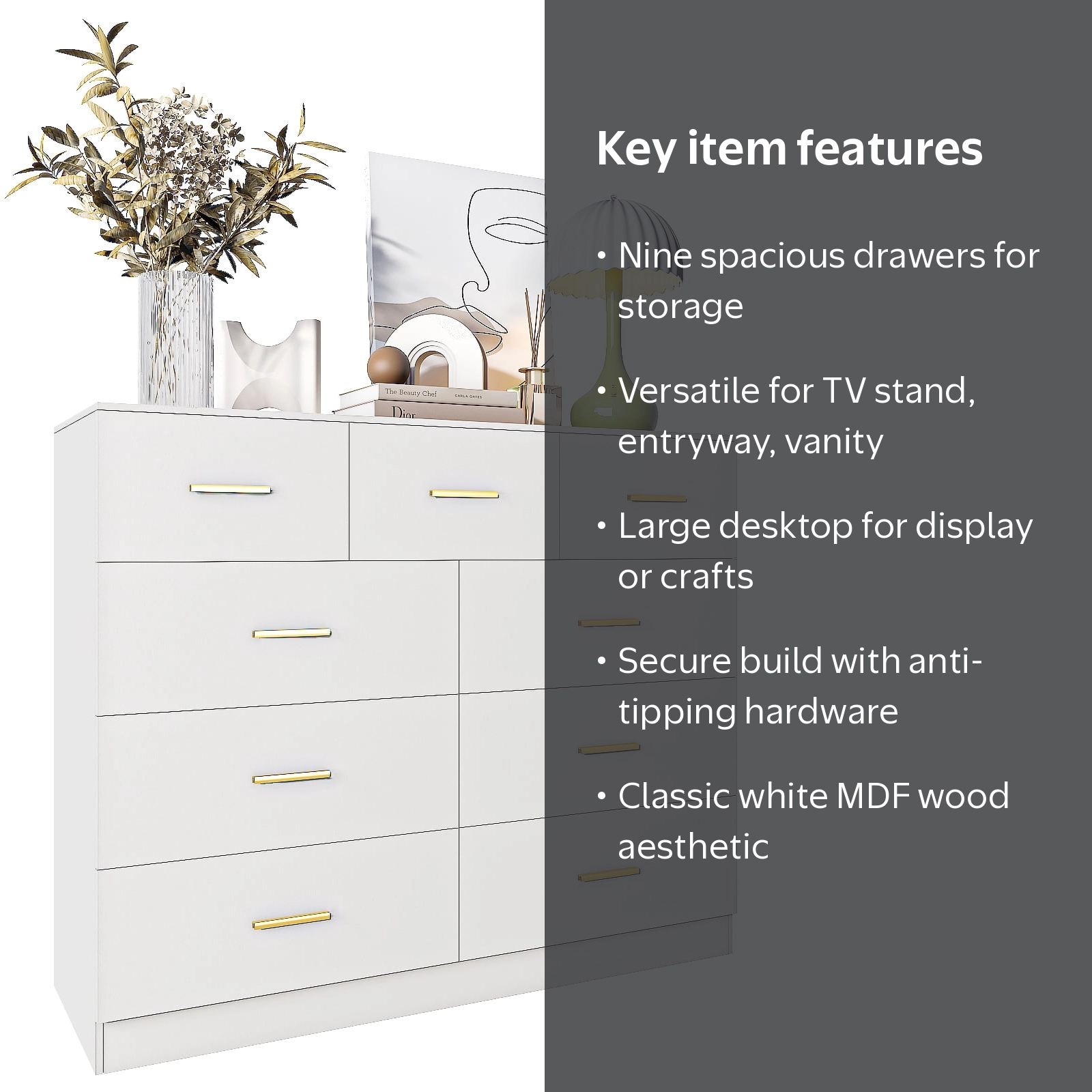 Ktaxon 9 Drawer Double Dresser Wood Dresser Storage Cabinet Drawer