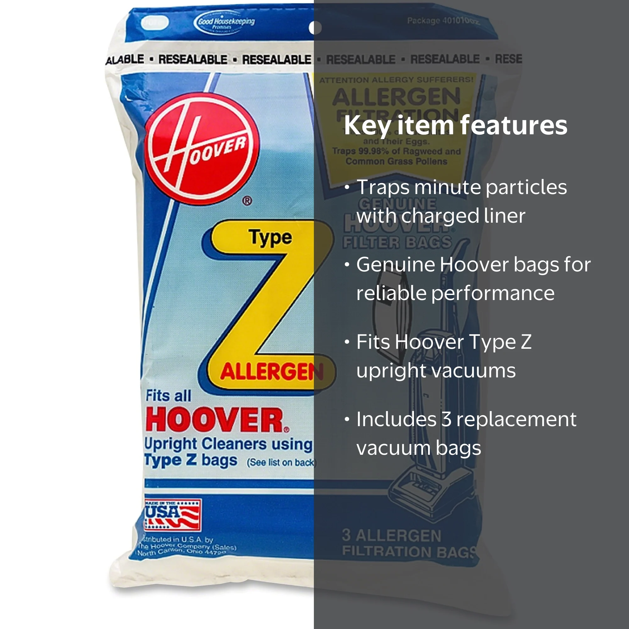 Hoover Breathe Easy Upright Type Z Allergen Vacuum Bags, 3 Count