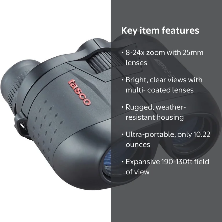 Tasco® Essentials Zoom 8-24x25mm Porro Prism Binoculars, Black