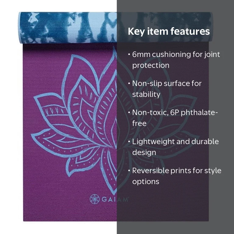 Gaiam Premium Print Reversible Yoga Mat, Purple Lotus, 6mm