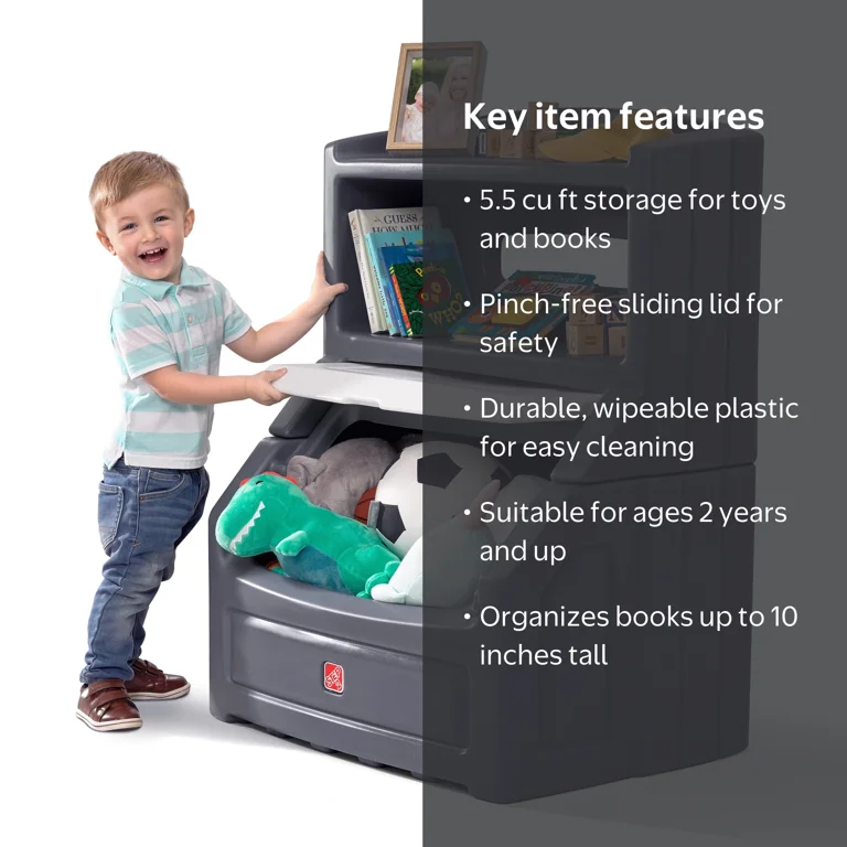 Step2 Children's Playroom Lift & Hide Bookcase and Toy Box in Gray