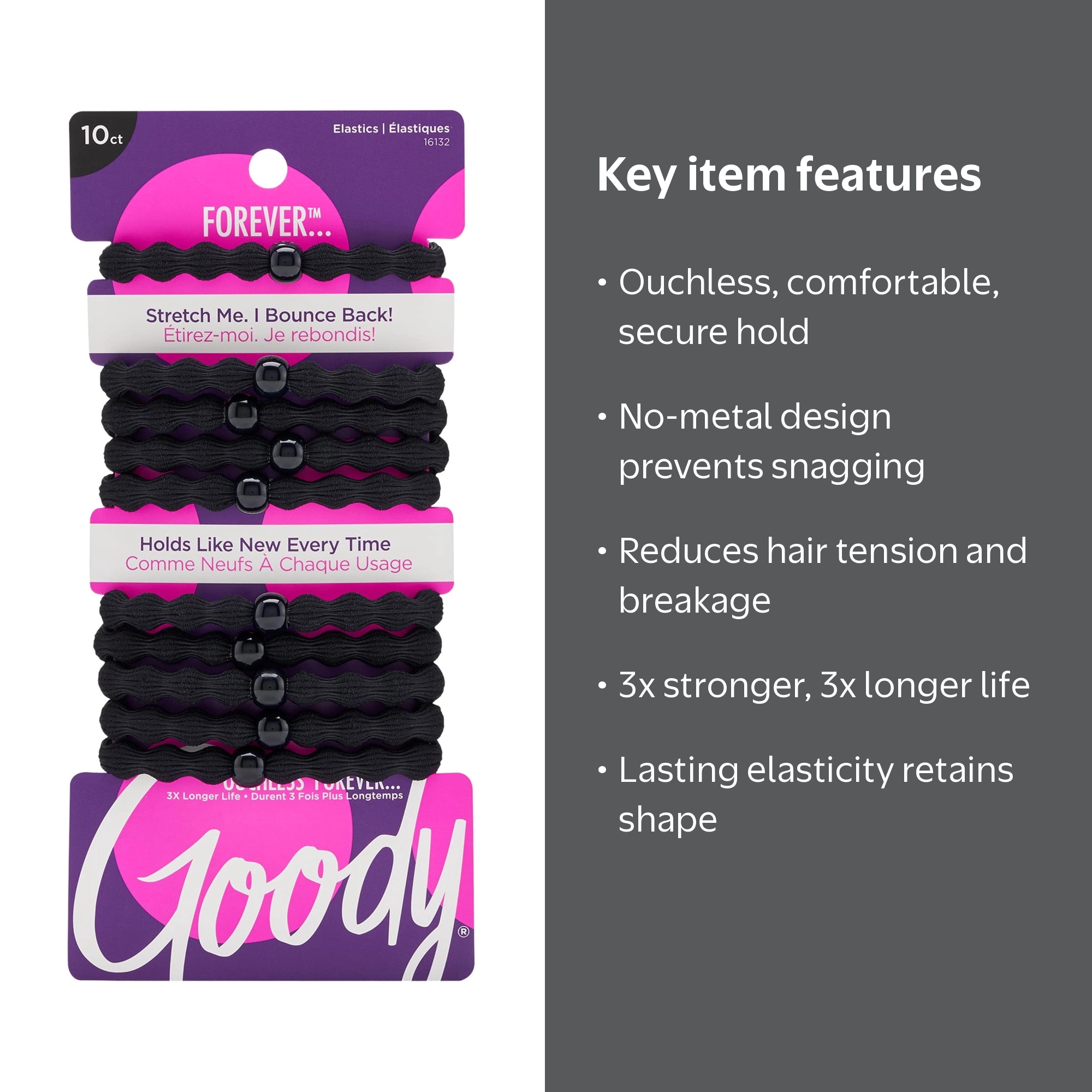 Goody Damage-Resistant Forever Hair Elastics Black 10 Ct, Ouchless