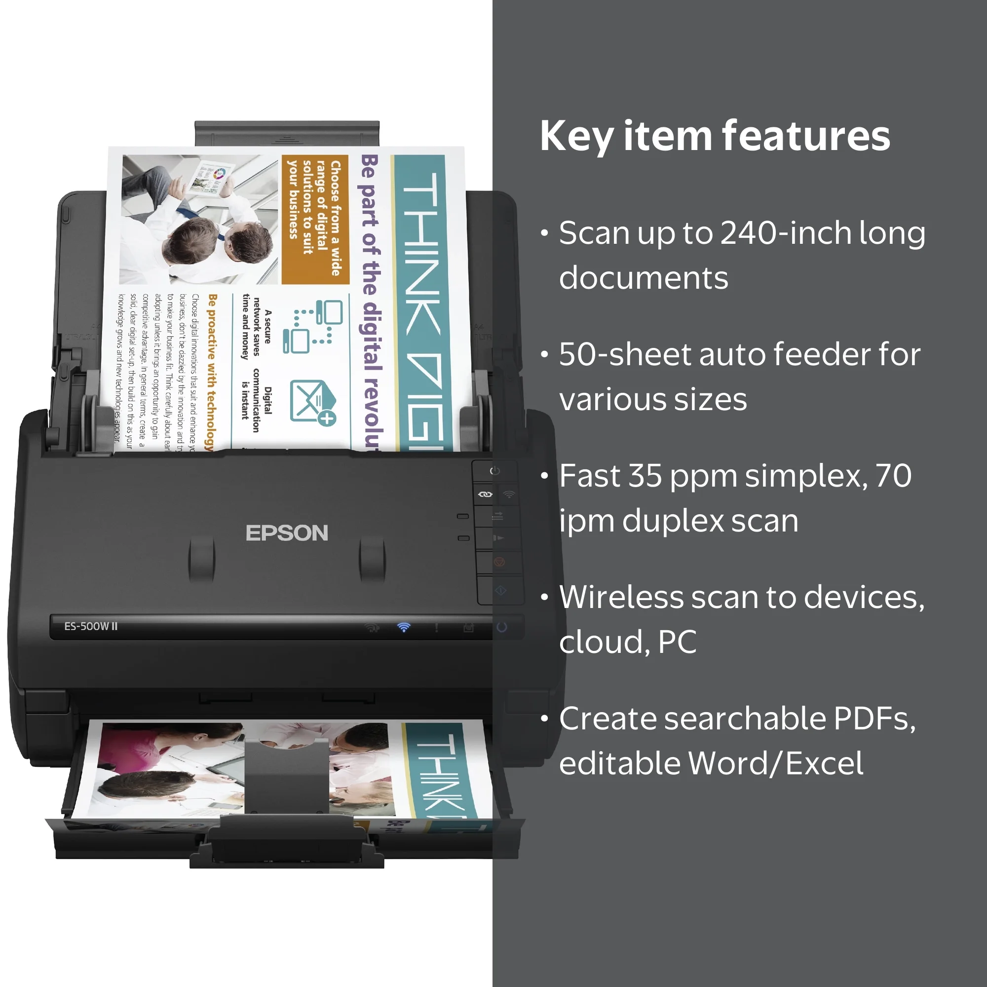 Epson, Wireless Duplex Document Scanner, ES-500W II, 50-sheet ADF