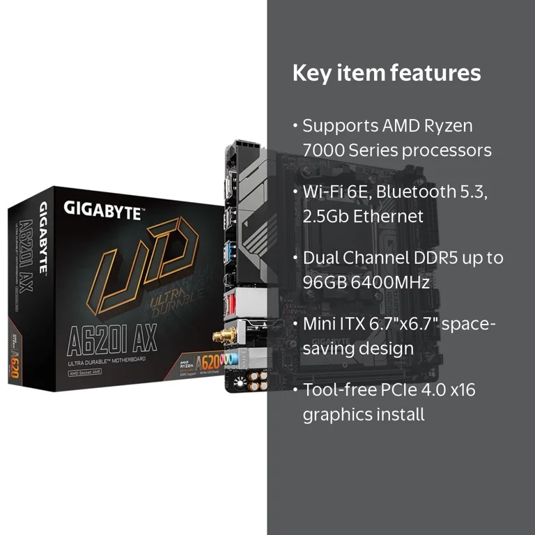 GIGABYTE, Gaming Motherboard, A620I AX, AMD Socket AM5 Mini ITX