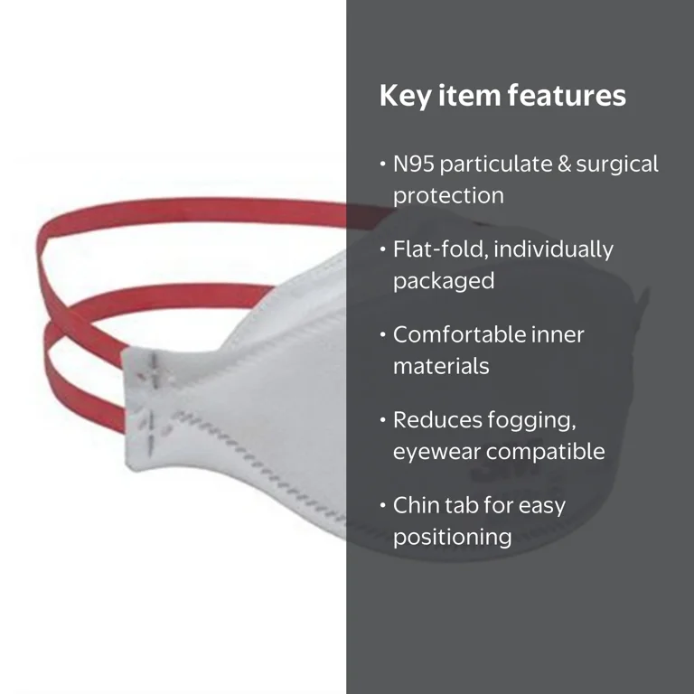 3M Aura N95 Respirator Mask, Surgical, Fluid Resistant, Flat Fold