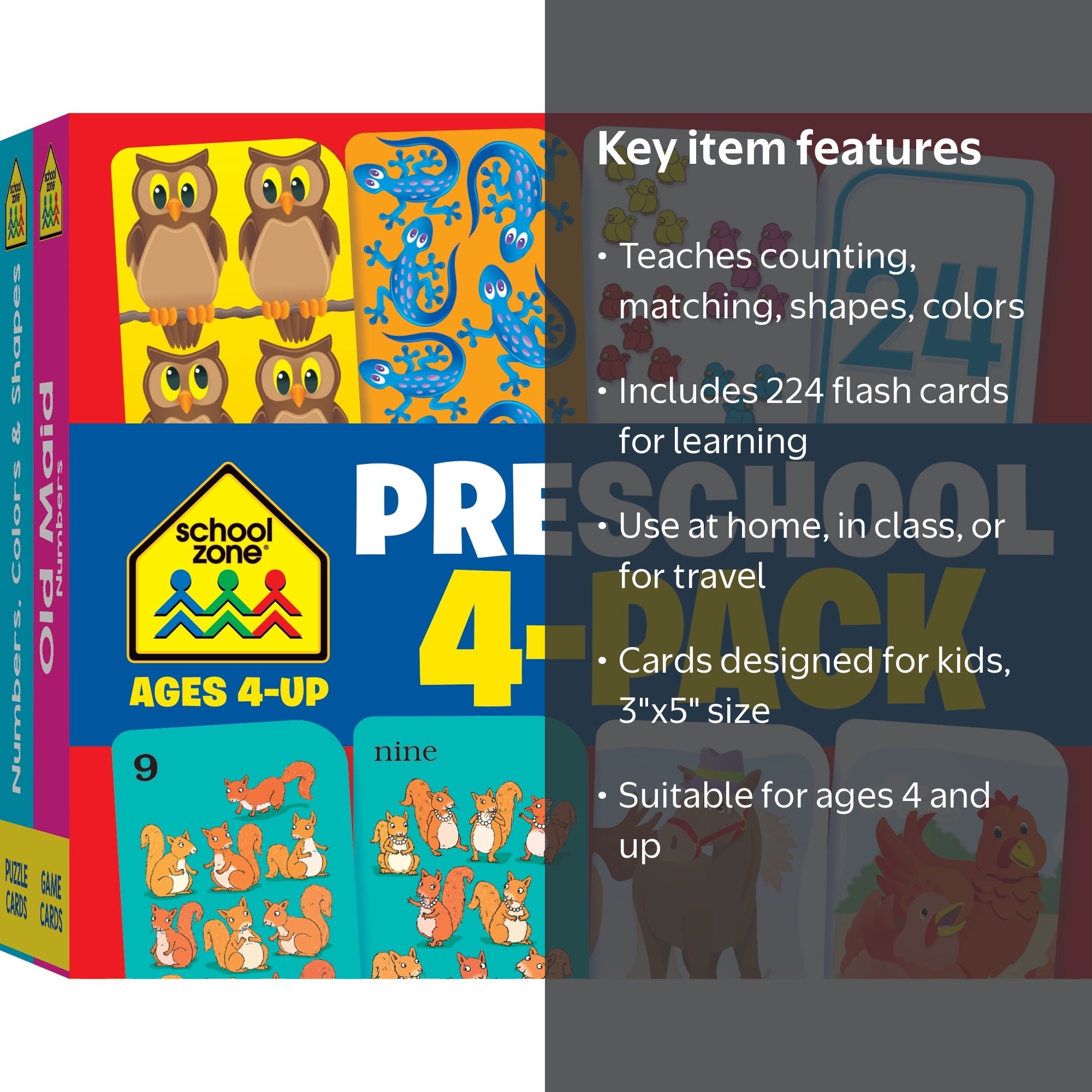 School Zone Preschool 4-Pack Flash Cards for Numbers, Shapes
