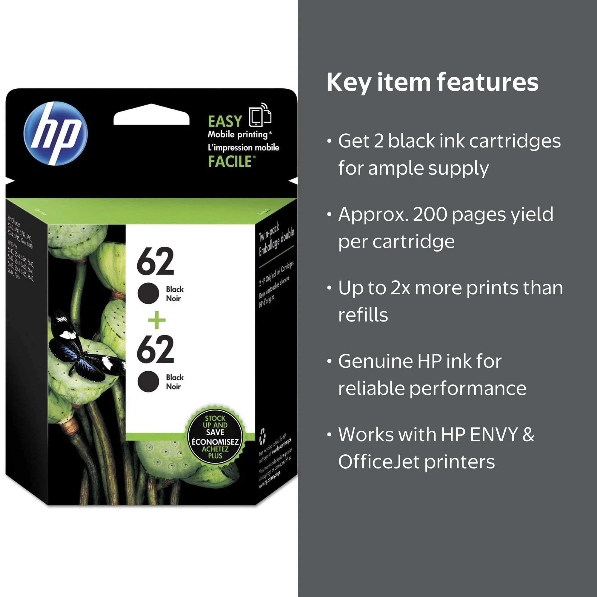 HP 62 | 2 Ink Cartridges | Black | Works with HP ENVY 5500 Series