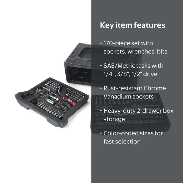 Hyper Tough 170-Piece 1/4, 3/8 and 1/2-inch Drive Mechanics Tool