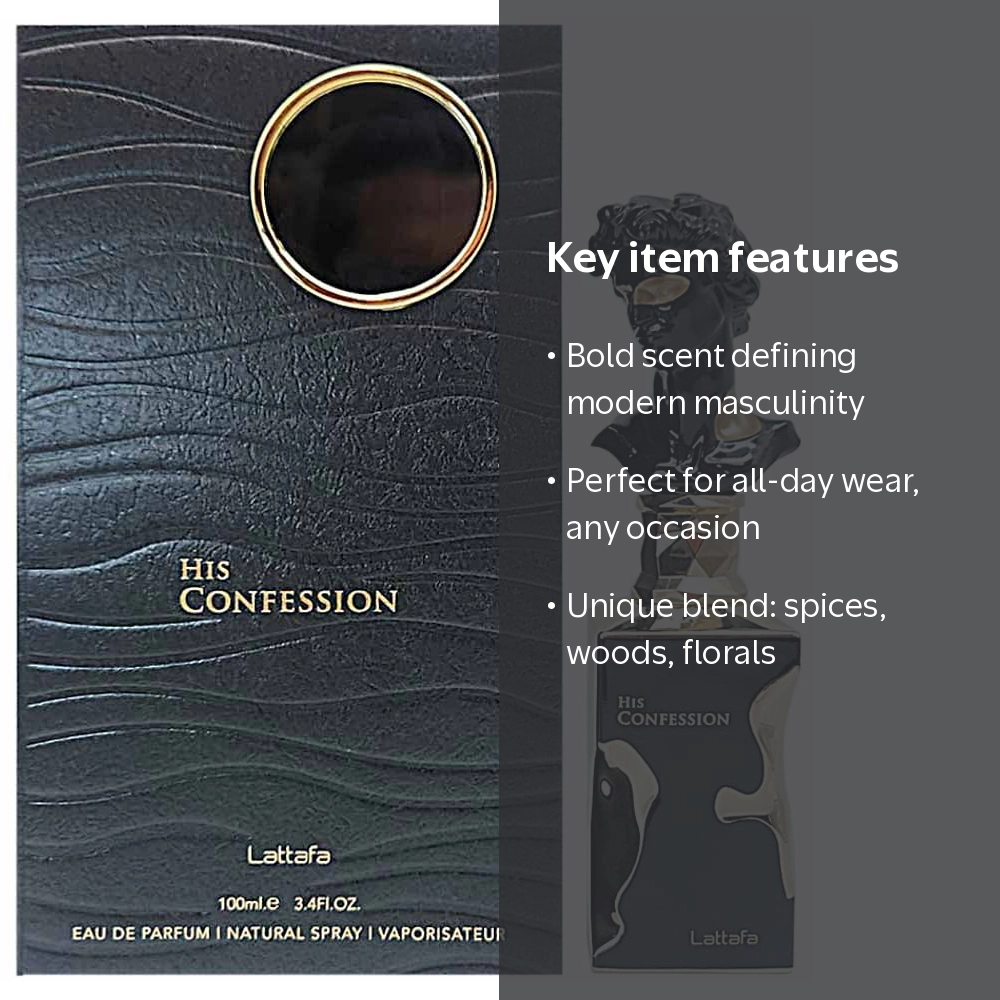 Lattafa His Confession 100ML EDP Spray for Men, Bold and
