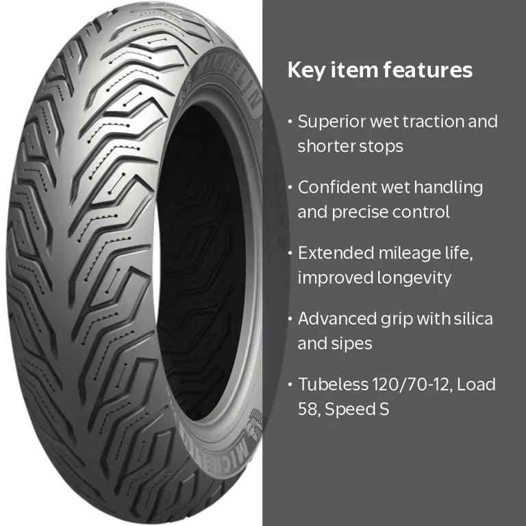 Michelin City Grip 2 Front/Rear Tire, 120/70-12, All-Season Grip