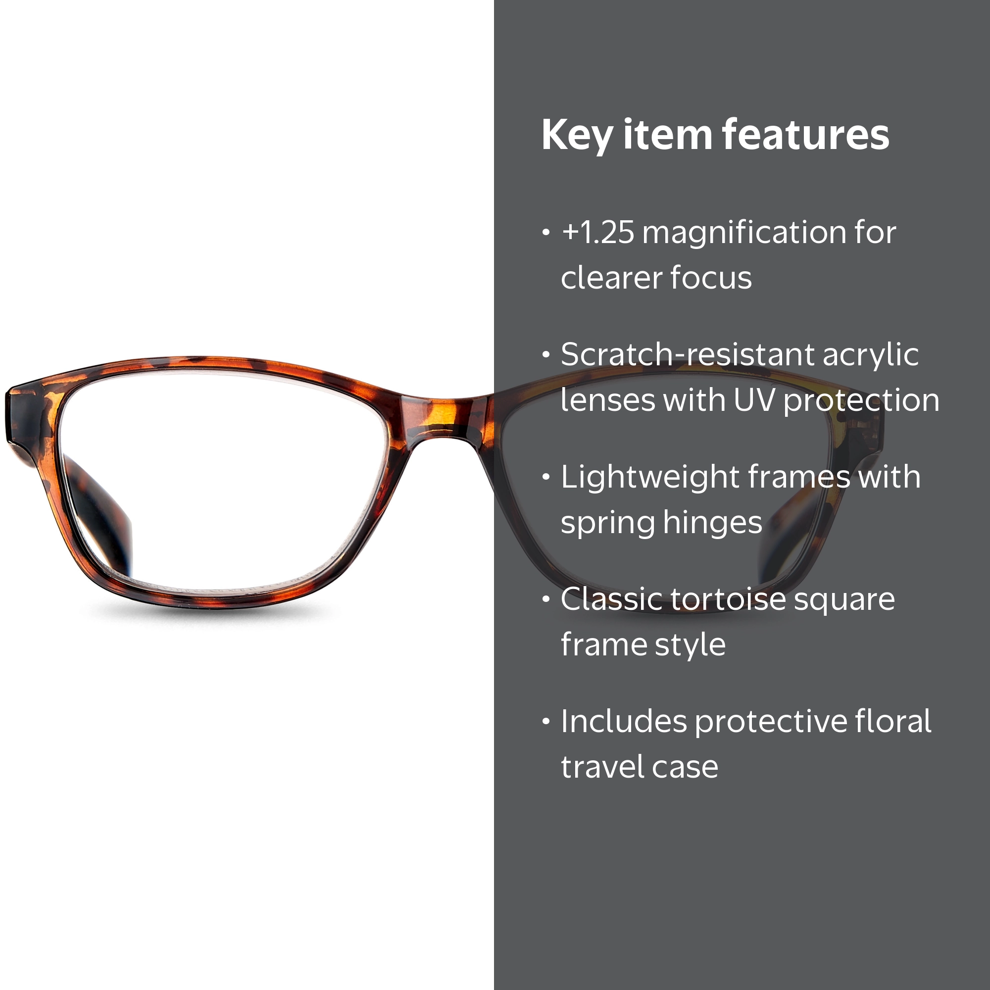 Equate Women's Iris Square Reading Glasses with Case, Tortoise, +