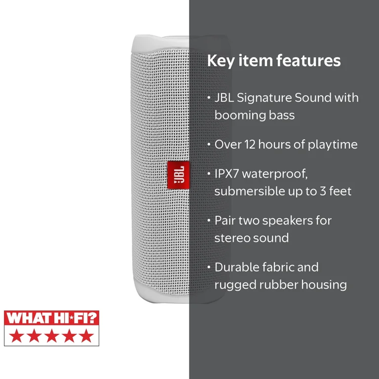 JBL Flip 5 - Portable Waterproof Speaker - White, 12 Hours