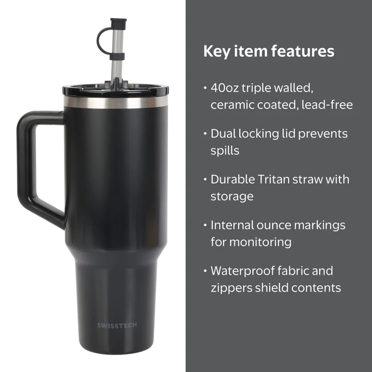 Swiss Tech Insulated Triple Walled Ceramic Coated, 40 oz Black