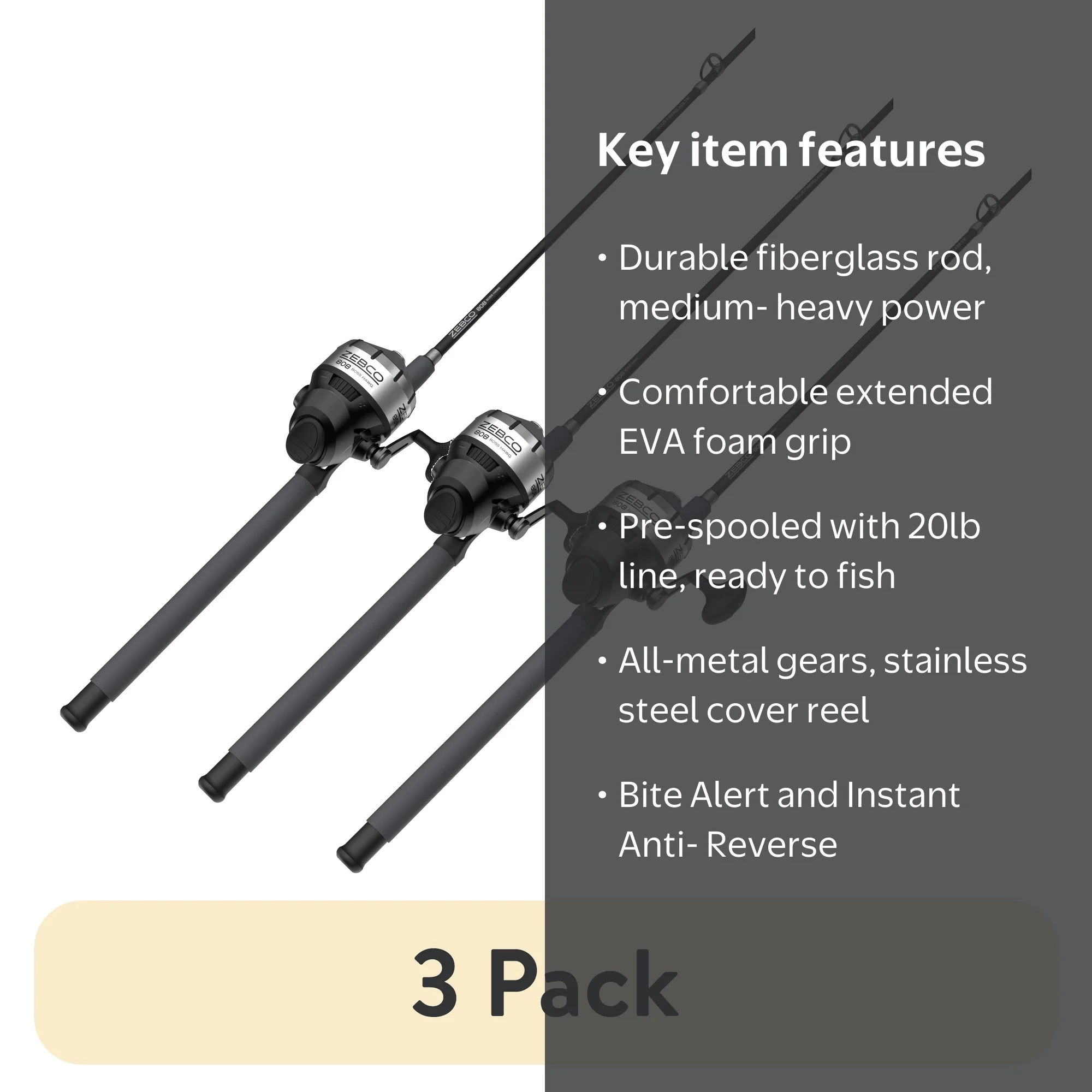 3 pack) Zebco 808 Boss Hawg Spincast Reel and Fiberglass Fishing