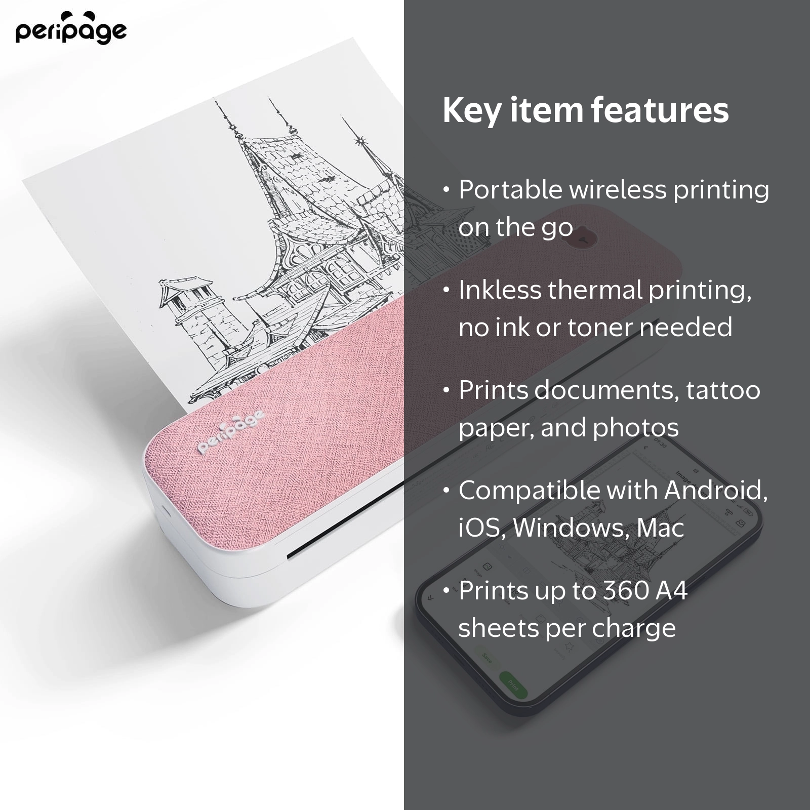 Peripage A40 Thermal, Portable, Wireless, Inkless, Bluetooth