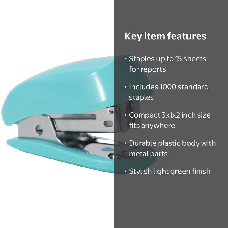 Pen+Gear Mini Stapler, Green, Plastic, Standard, 1000 Staples