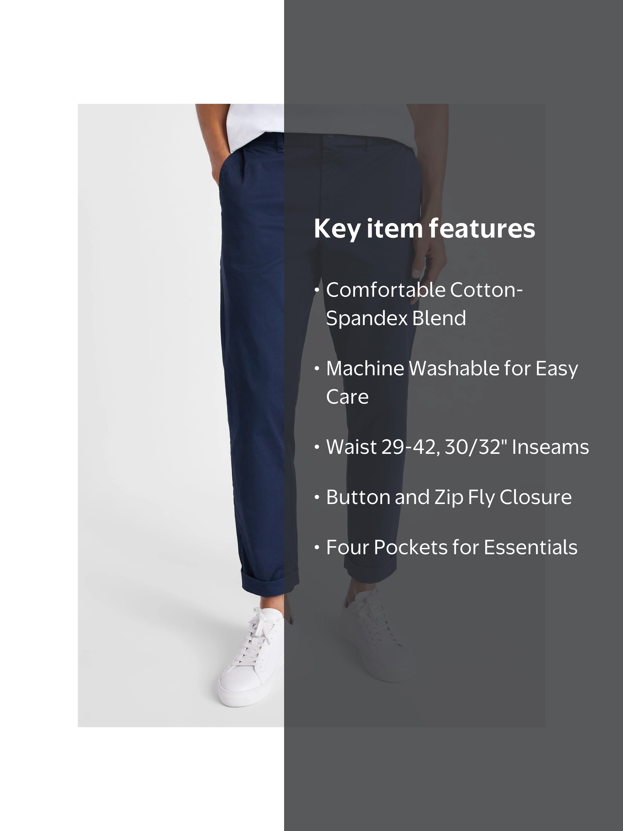 Free Assembly Men's Cotton Chino Pants Sizes 29 to 42 Mid-Rise