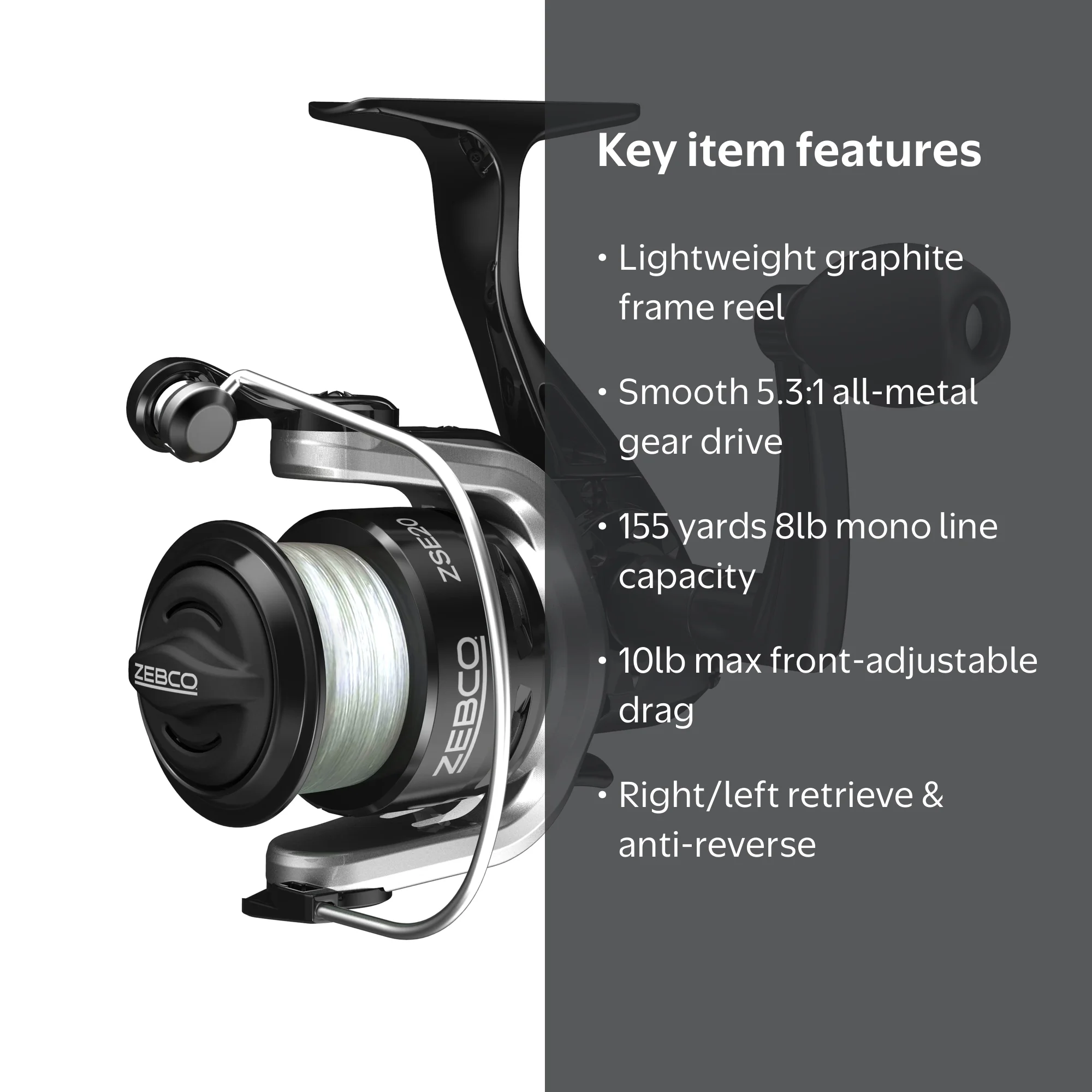 Zebco ZSE20 Spinning Fishing Reel, Size 20 Reel, Changeable Right
