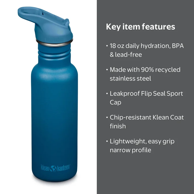 Klean Kanteen, Water Bottle, 18 oz Classic, Leakproof Sport Cap